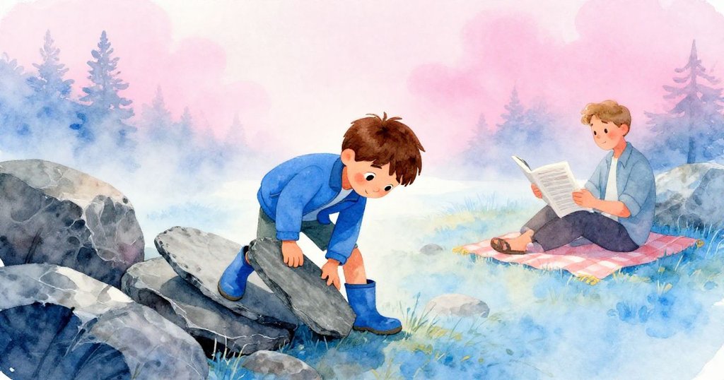 Forrest在晨霧中調整石板, 藍靴踏在黏土上, 爸爸在背景閱讀雜誌, 氣氛柔和開端故事