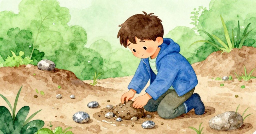 Forrest跪在黏土邊認真收集泥土, 小石光芒閃爍, 手部細節豐富, 敘述推進中發現新紀元