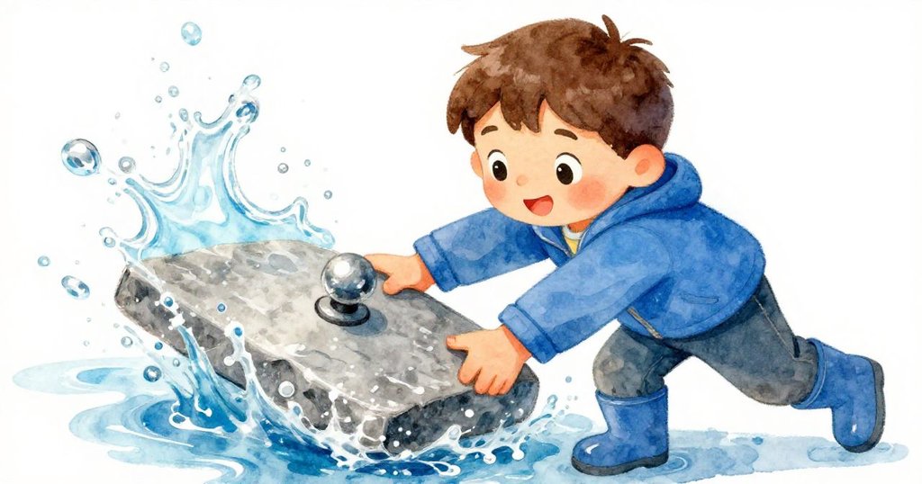 Forrest挑戰激流水流, 手握石板圓扣, 水花四濺, 表情堅定, 敘事進入高潮動作