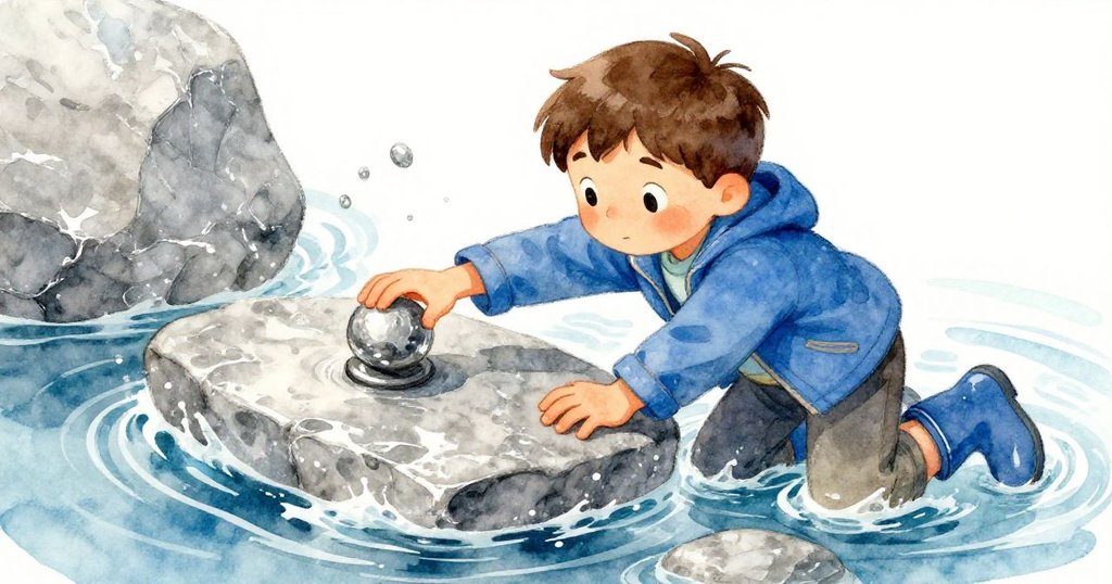 Forrest果斷抓住回流石板, 指尖靈活伸向額外小石, 水面映出銀光與藍彩, 動作定格在轉折