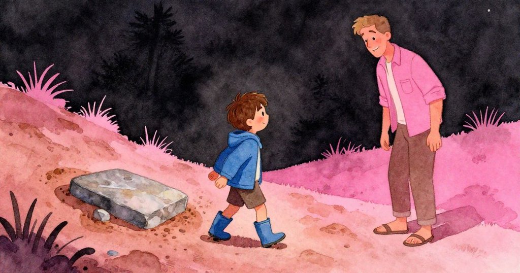 Forrest滿足地走出挑戰現場, 爸爸點頭示意肯定, 石板穩固, 柔和光影中故事圓滿收尾