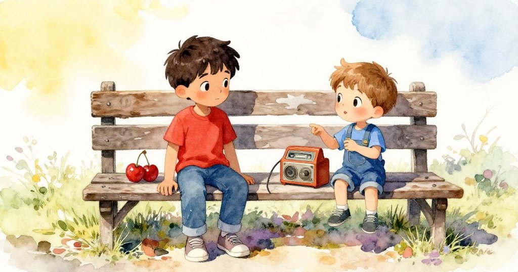 伊恩與泰奧坐在陽光斑駁的老木椅上,環繞著破舊物品,臉上流露著好奇與期待情感,在自然中享受溫暖時光。