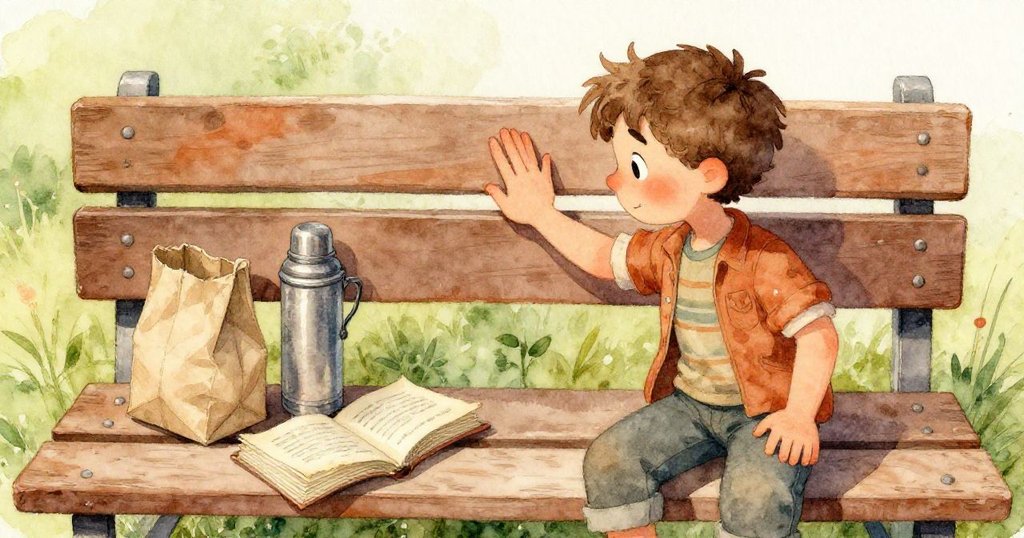 泰奧聚精會神地用手捏住紙袋邊緣,小心灑出種子在木板上,展現童真與細膩互動的溫馨瞬間。