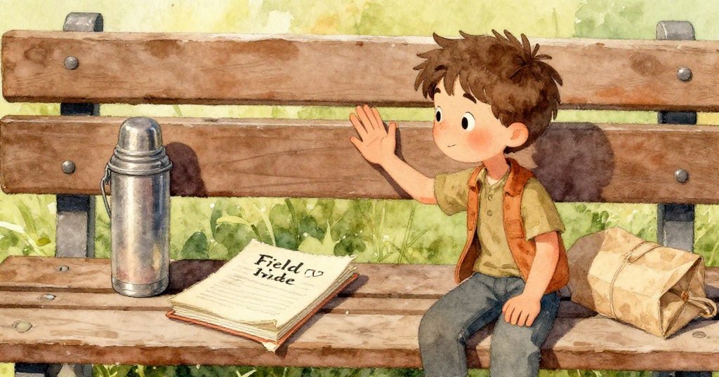 細小種子沿著風化木板滑落堆積,傾斜視角營造出動感與細節,展現孩童心中對自然奇妙瞬間的期待。