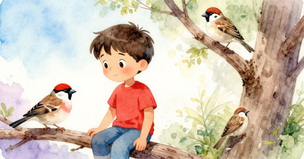 伊恩專注素描枝頭紅帽雀鳥與現實中飛翔的小麻雀,畫面分割融合現實與夢幻,情感細膩動人。