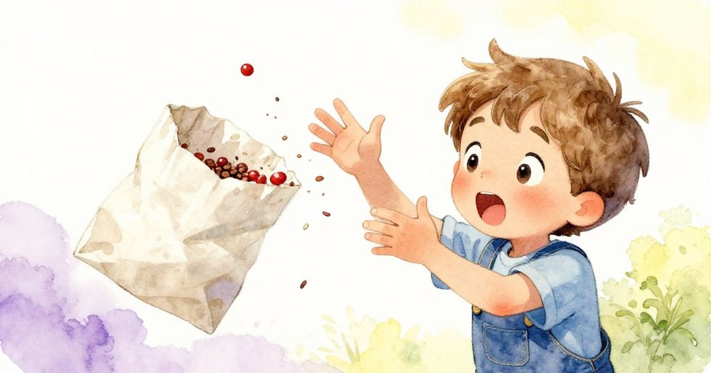 泰奧驚訝中快速捉住撕裂紙袋,種子不停外流觸碰伊恩手腕,表情緊張卻又帶笑,情境生動。