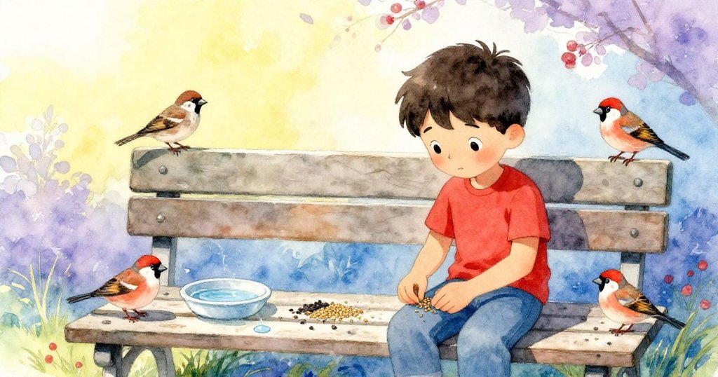 伊恩輕步鋪撒整齊種子於木板上,水碟淌出細滴,小鳥靜立枝頭,場景寧靜溫馨結局呈現。