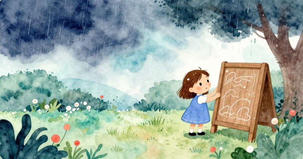 珮兒站在雨後濕潤庭院的木板邊，觀看淡去粉筆線條，天空陰暗，氛圍靜謐充滿期待。