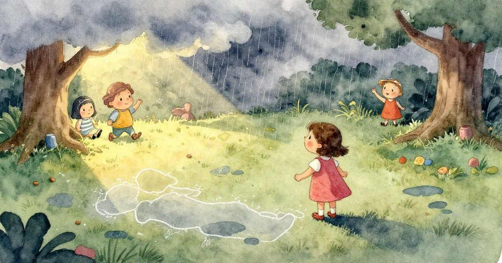 珮兒特寫眼神充滿驚奇與專注，微濕木板作背景，映出粉筆細膩質感與雨後情懷。