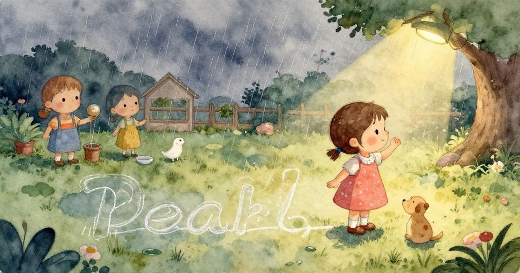 藍色粉筆悠然滑入水坑，映出卵石銀色倒影與雨滴，展現雨後自然細膩動感。