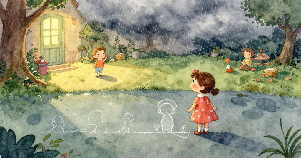 足球撞擊塑膠箱瞬間定格，粉筆棍子隨即滾動，珮兒在旁驚訝注視著雨後熱鬧瞬間。