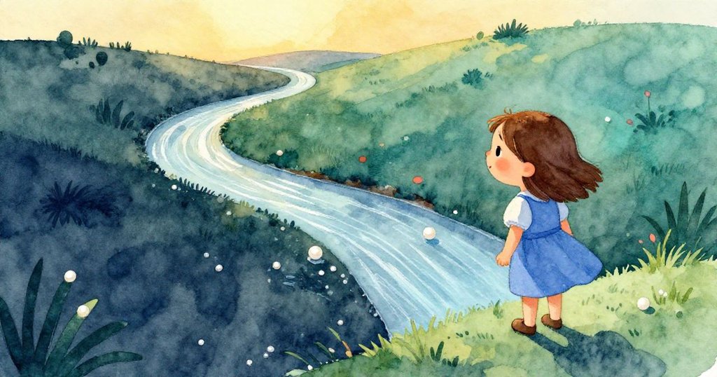 珮兒在金黃光影中欣賞粉筆繪就的藍灰河流，雨後木板與倒影呈現滿足與寧靜的溫馨結局。