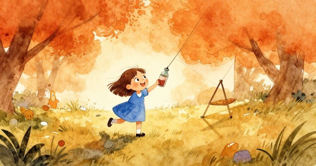 貝雅在陽光明媚的草地上開始創作，揮動著畫瓶，周圍擺滿工具，畫面充滿生氣與活力。