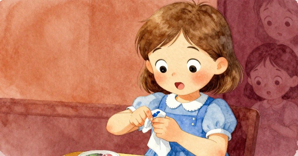 貝雅專注擦拭手腕上滴落的油彩，神情中既有驚訝也充滿專注，背景隱約顯示創作環境。