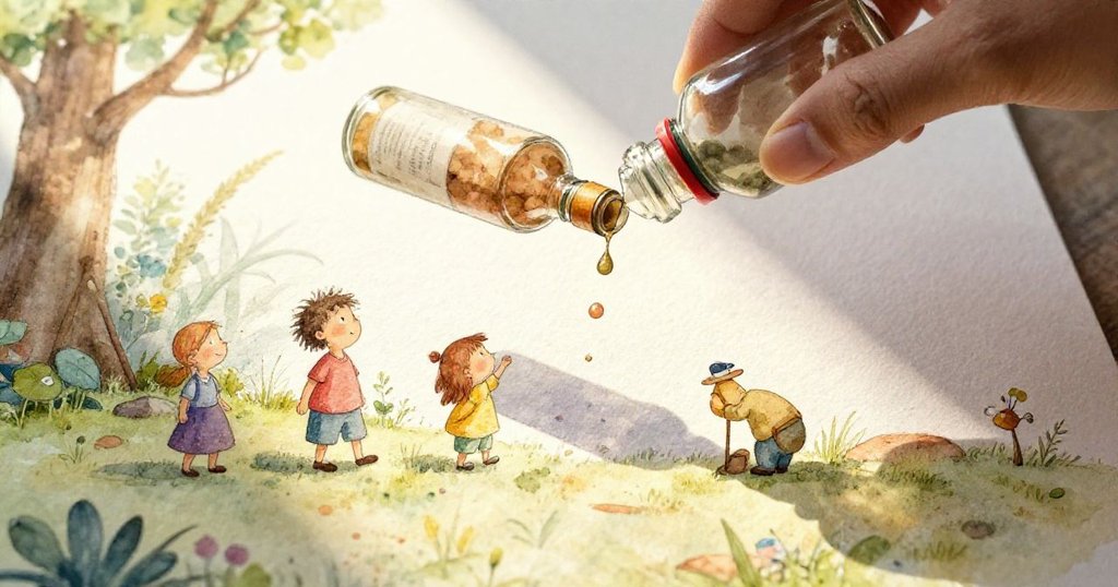 玻璃罐中裝滿貝殼和票根在陽光下閃爍，貝雅在背景中好奇觀望，畫面充滿神秘與溫馨。