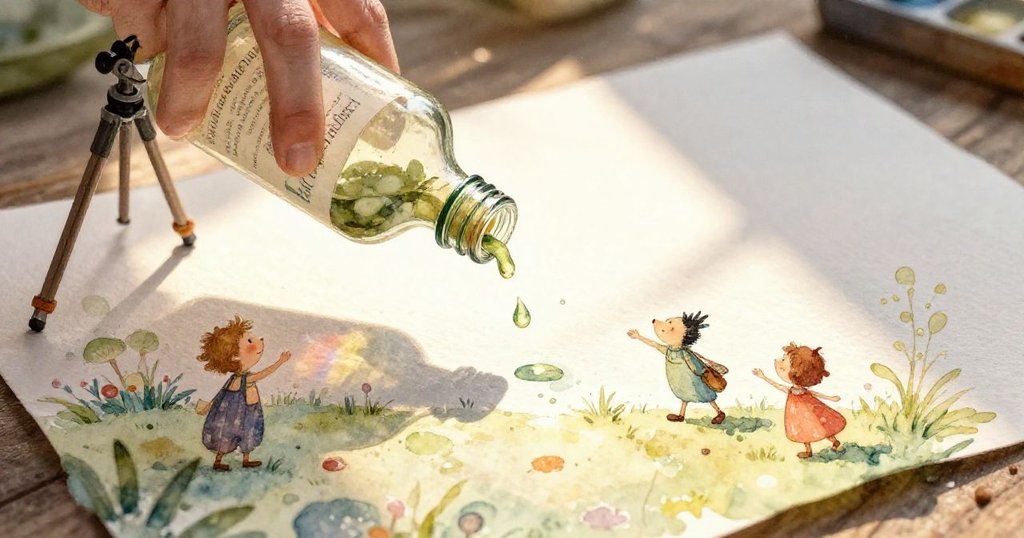 在強烈陽光下，畫瓶搖晃倒出濃稠油彩，形成明暗交錯的色帶與三角形影子，動感十足。