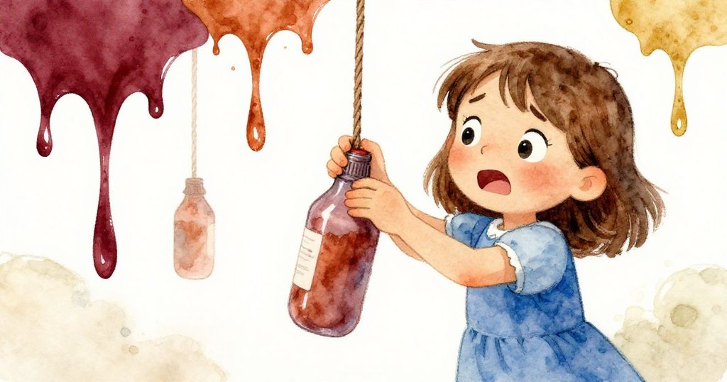 貝雅專心修正滴油瓶上的膠帶，神情充滿憂慮與決心，油彩跌落成為內心掙扎的寫照。