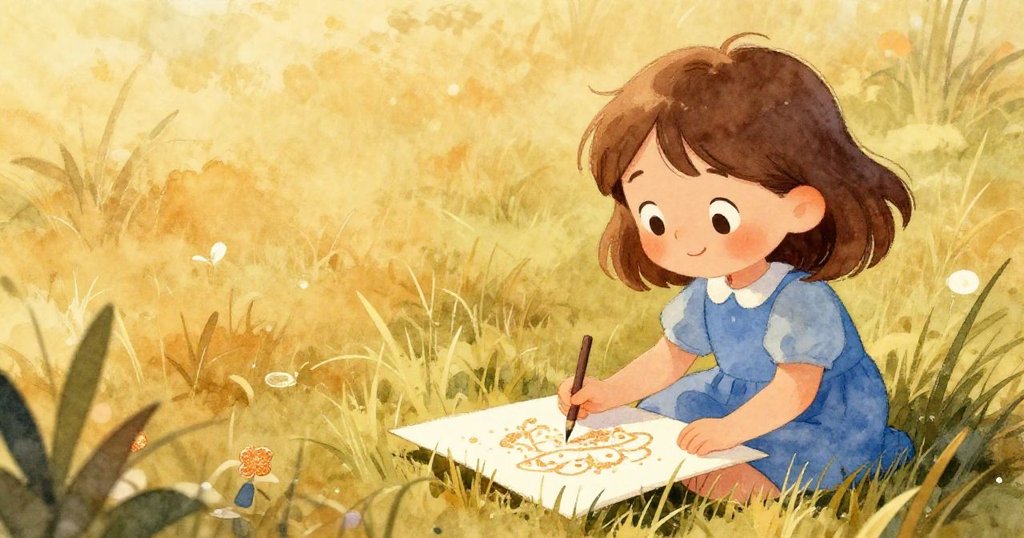 貝雅坐在柔軟草地上，平靜凝視自己閃光成品，夕陽溫柔，畫面洋溢著滿足與寧靜。