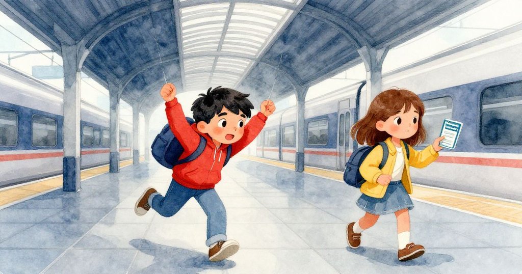 路克揮動背包落在藍灰色瓷磚上,貝婭正用旅行卡感應,背景車站燈光交錯,充滿動感。