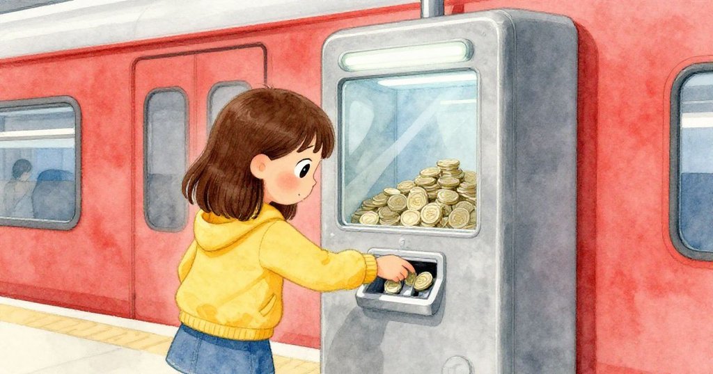 貝婭在鈴光閃爍下操作銀色充值機,用硬幣嘗試解決卡幣問題,表情專注。