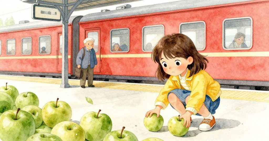 車站內,一名女孩迅速蹲下撿起滾動的綠蘋果,旁邊老者有些驚訝,場景層次分明。