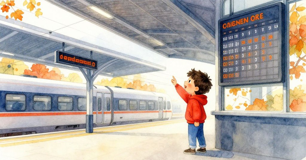 路克凝視著閃動的站台顯示板,窗外飄落金黃秋葉,結合現代科技與溫暖季節意境。