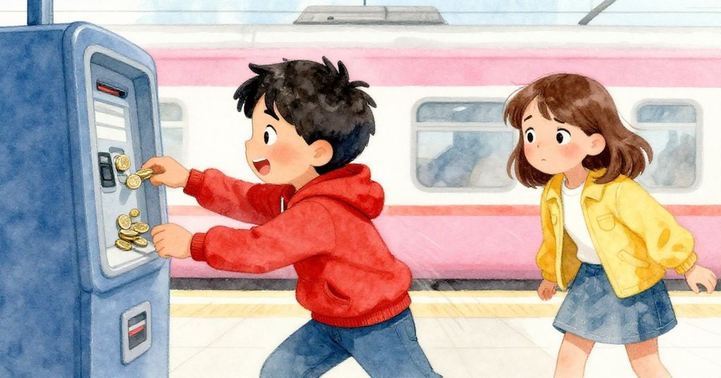 路克急忙協助貝婭在充值機上投入硬幣,兩人神情焦急,機器前氣氛緊張充滿活力。