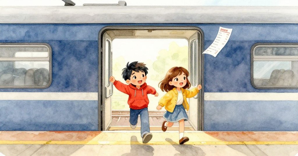 貝婭與路克通過開啟的列車門離去,臉上滿含勝利與輕鬆笑容,背後微風吹拂著留在地上的收據。