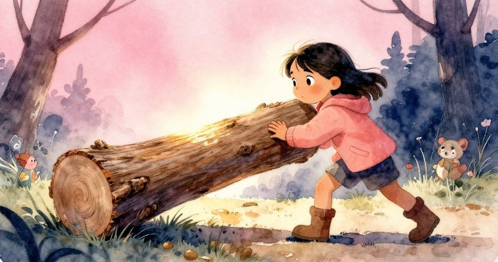 Iris低角度努力推動沉重樹幹，樹節摩擦衣袖顯露堅毅神情，樹林背景與光影強烈對比。