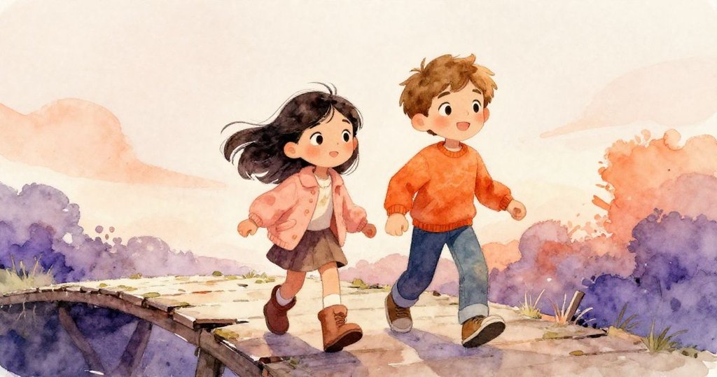 Iris與Bram站在缺板腳橋前，微風吹拂外套，兩人凝視間隱約流露春日回憶與期待心情。