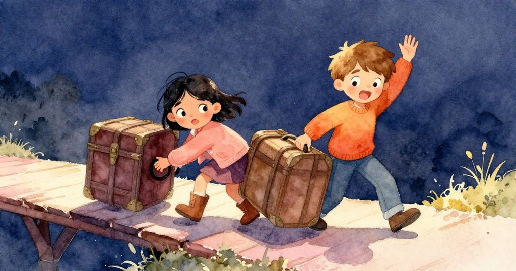 Iris與Bram合力推動樹幹搭橋過缺口，臉上表現出緊張與堅定，環境充滿落木碎片與光影交錯。