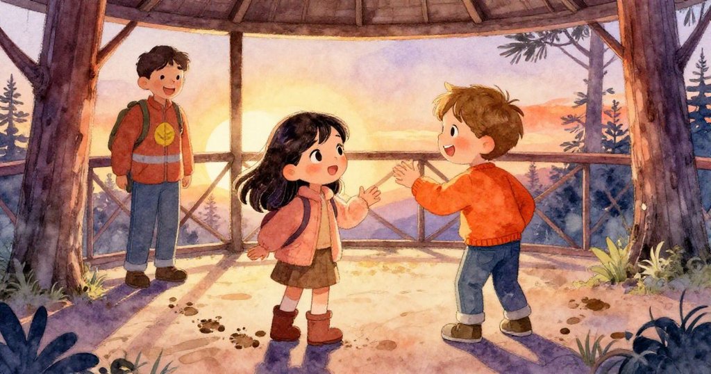 觀察塔前志工溫柔微笑迎接，Iris與Bram登階而上，背景松樹皮上留有兩個濕潤足跡，呈現歷險痕跡。