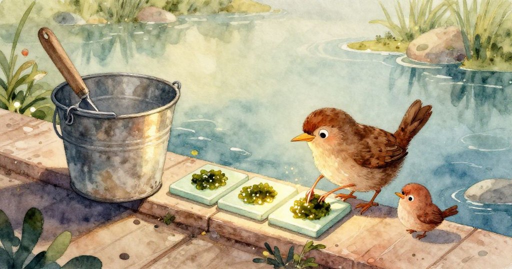 溫倫準備工作時的工具細節特寫，桶與鏟子彰顯決心與承諾，令人感受時間沉澱的故事。