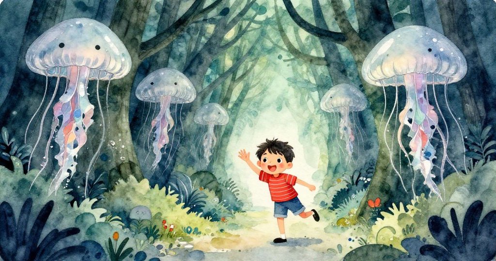 瑞德在水母走廊中歡快揮手，前景與背景層次分明，洋溢著期待與活力。