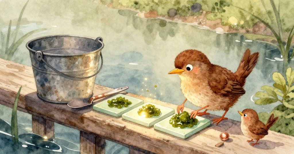 一隻炭色小鳥自露台通風口掠過，溫暖光點散落，驚動寄居蟹急忙逃竄，充滿動感。