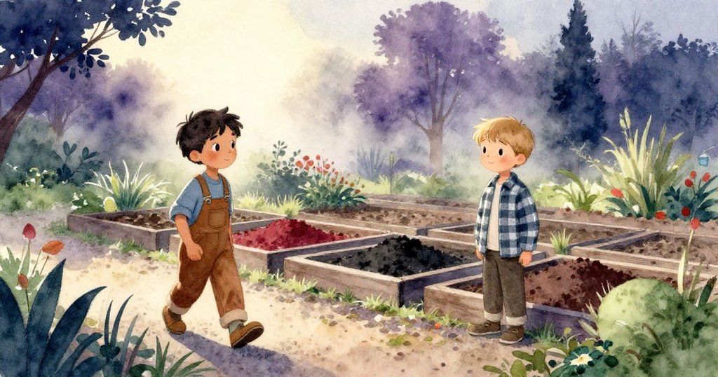 迪恩和歐文在晨霧籠罩的花圃裡，踏著卵石路探索整齊排列的堆肥景觀，表情充滿好奇與期待。