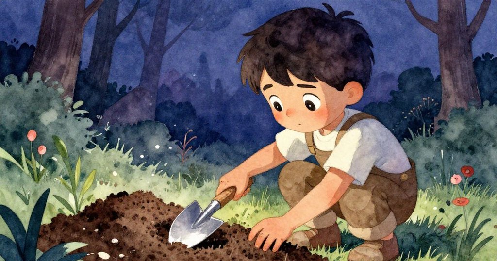 迪恩蹲在堆肥旁仔細檢查不平整的堆疊，專注目光和握著鏟子的小手展現出認真與猶豫情緒。