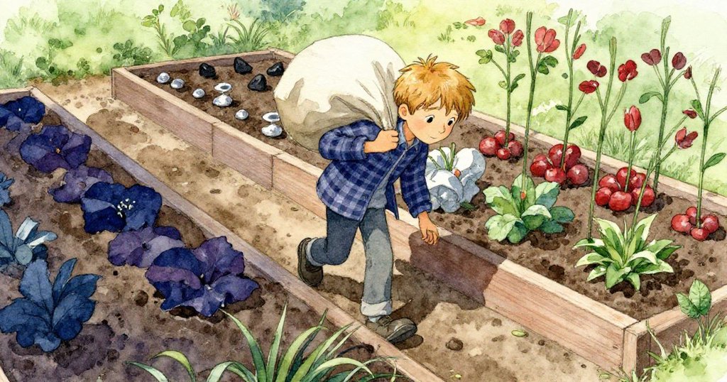 歐文從低角度呈現，肩背沉重布袋走向花圃，輕放袋子後仔細觀察土壤中微妙的凹陷，動作自信且專注。