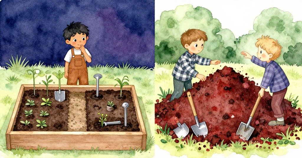 迪恩與歐文合力工作，畫面左右分割展現理想整齊與現實凌亂的堆肥層，動作協調且富有創意對比。