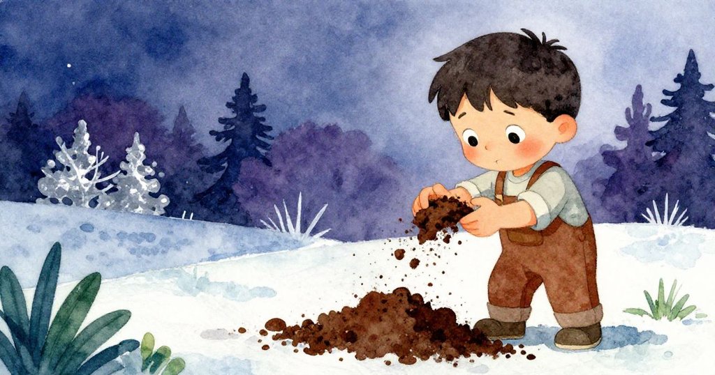 迪恩在堆肥上輕挑創造微小空隙，臉上驚訝與專注並存，土壤緩緩滑落定格成和諧瞬間。