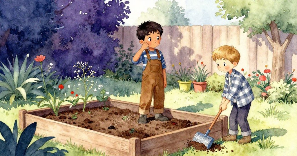 歐文與迪恩在完工的花圃前團聚，歐文神情輕鬆，迪恩忙著清掃堆肥，洋溢著努力後的滿足與和諧。