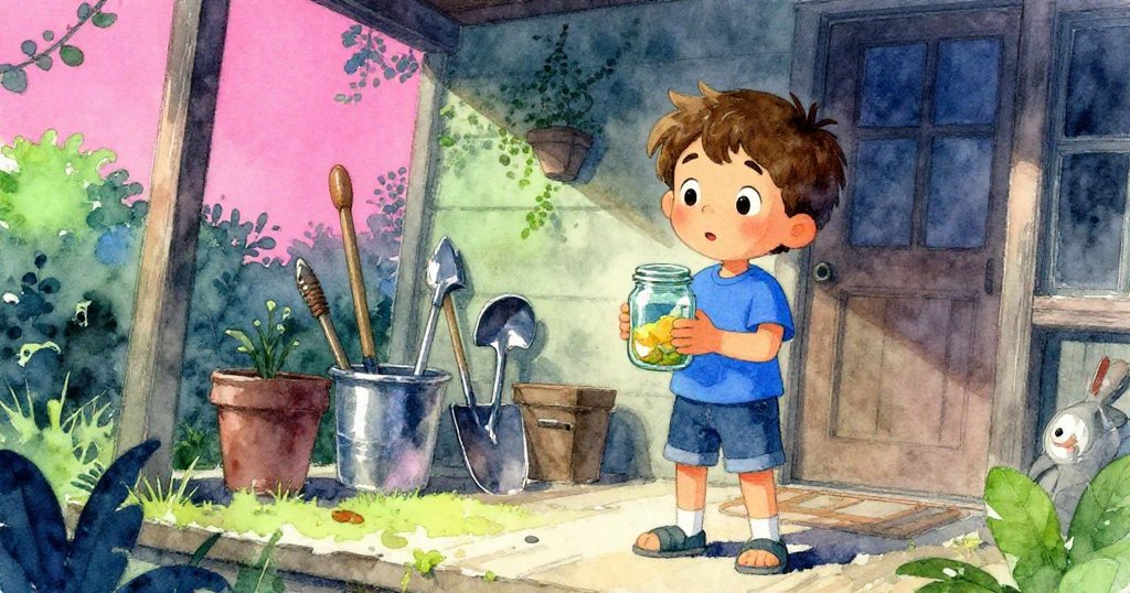 Cal在傍晚的門廊上，手握玻璃瓶，輕觸瓶頸，背景中隱約可見花園工具，他滿懷好奇與期待。