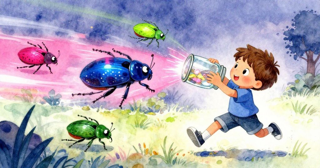 急速瞬間中，Cal傾斜玻璃瓶，一隻閃亮甲蟲迅速掠過，動態光影營造緊張效果。