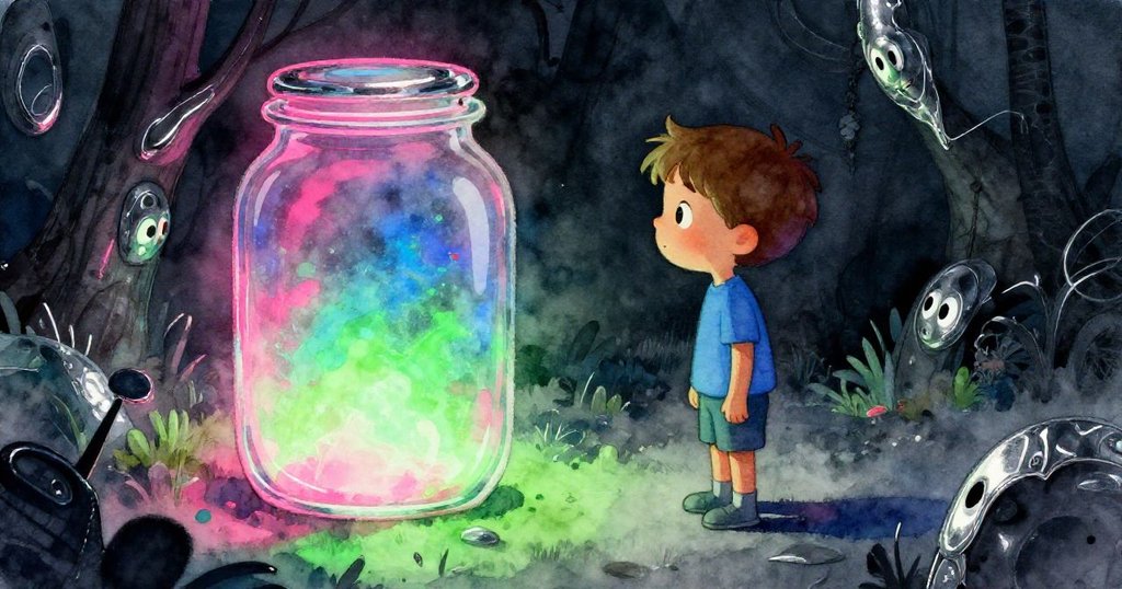 最後Cal注視已封口的玻璃瓶，內部留有微弱燈光，神情中透露著疑惑與溫柔驚奇。