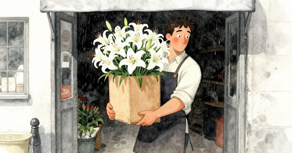 肯特帶著沉重的百合花箱步向店門，雨後水窪映出柔和光線，他小心放置並展現出平靜且專注的神情。