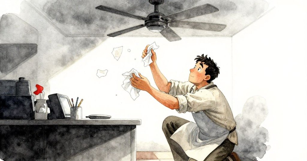 肯特蹲下整理飛散的紙巾，天花板風扇旋轉帶起瞬間緊張氣氛，他專注且急切地動作處理混亂。