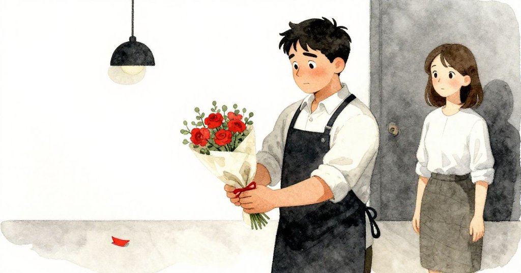 肯特舉起完美包裝的花束，臉上流露出平和微笑，背後妮娜靜靜協助，地面上留著微妙紅色緞帶碎片，整體氛圍由緊張轉為寧靜。