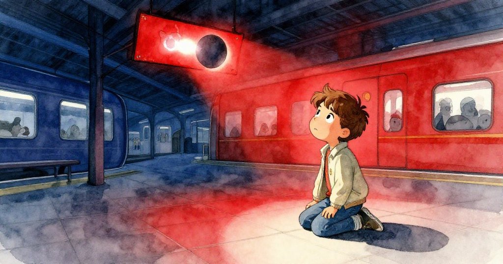 拉夫跪在充滿陰影的磁磚上,焦急尋找空蕩口袋中的旅行卡,車站燈光形成戲劇性明暗對比。