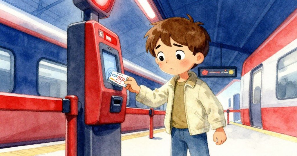 拉夫急速插入旅行卡,低角度呈現紅燈閘門與堅定神情,車站背景緊張而充滿活力。