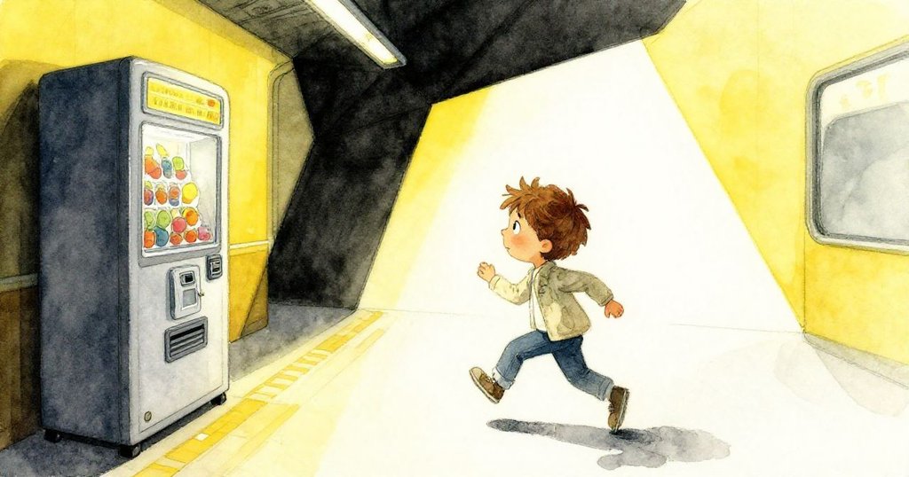 拉夫在抽象錯落的車站內趕往果汁機,硬幣叮噹作響,空間扭曲營造出奇幻而急促的氛圍。